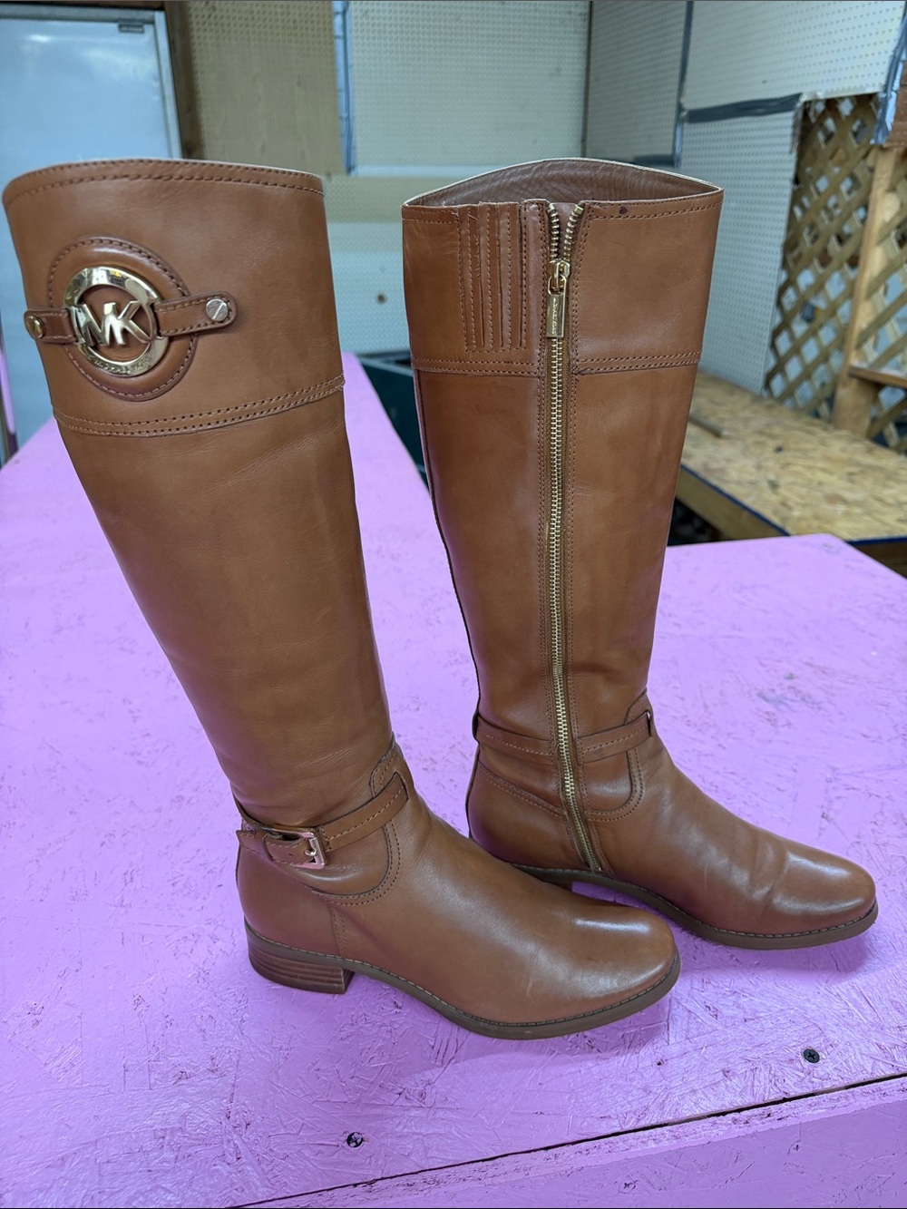 Michael Kors Cognac Leather Over-the-Knee Buckle Boots